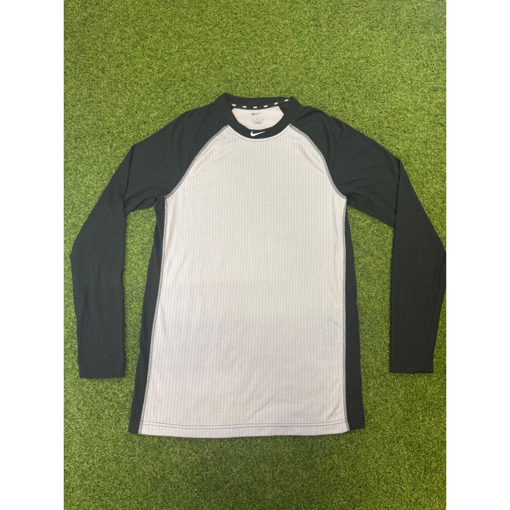Nike Mens Long Sleeve Raglan Performance Shirt Grey Black Ribbed Swoosh‎ Large